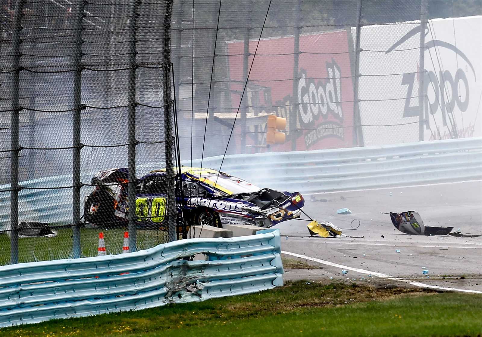 <p><u>Aug. 15, 2011</u><br />In one of the scariest incidents at Watkins Glen International, a chain reaction led to the No. 00 of David Reutimann spinning on its roof across the track before the remaining hulk of his car landed along the outside of the second turn on the final lap. It wasn't until Tony Stewart spun out and hit the end of the pit road barrier a few turns later that the yellow flag was thrown, giving Marcos Ambrose the win.</p>